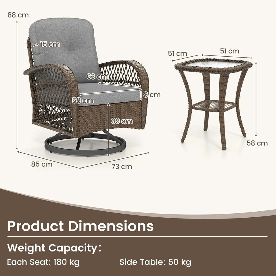 image 1 of COSTWAY 3 Pieces Patio Rattan Bistro Conversation Set Grey