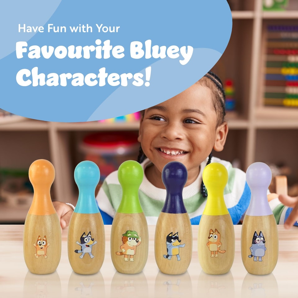image 1 of Bluey Wooden Skittles Set 7 Piece Indoor and Outdoor Bowling Game for Kids