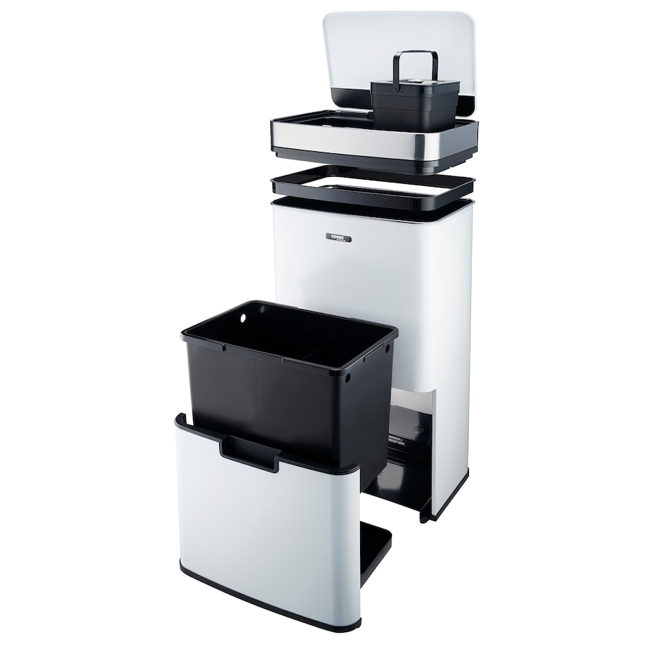 image 1 of Cooks Professional Recycling Sensor Bin 75L with Dual Compartments & Food Caddy | White | White & Silver