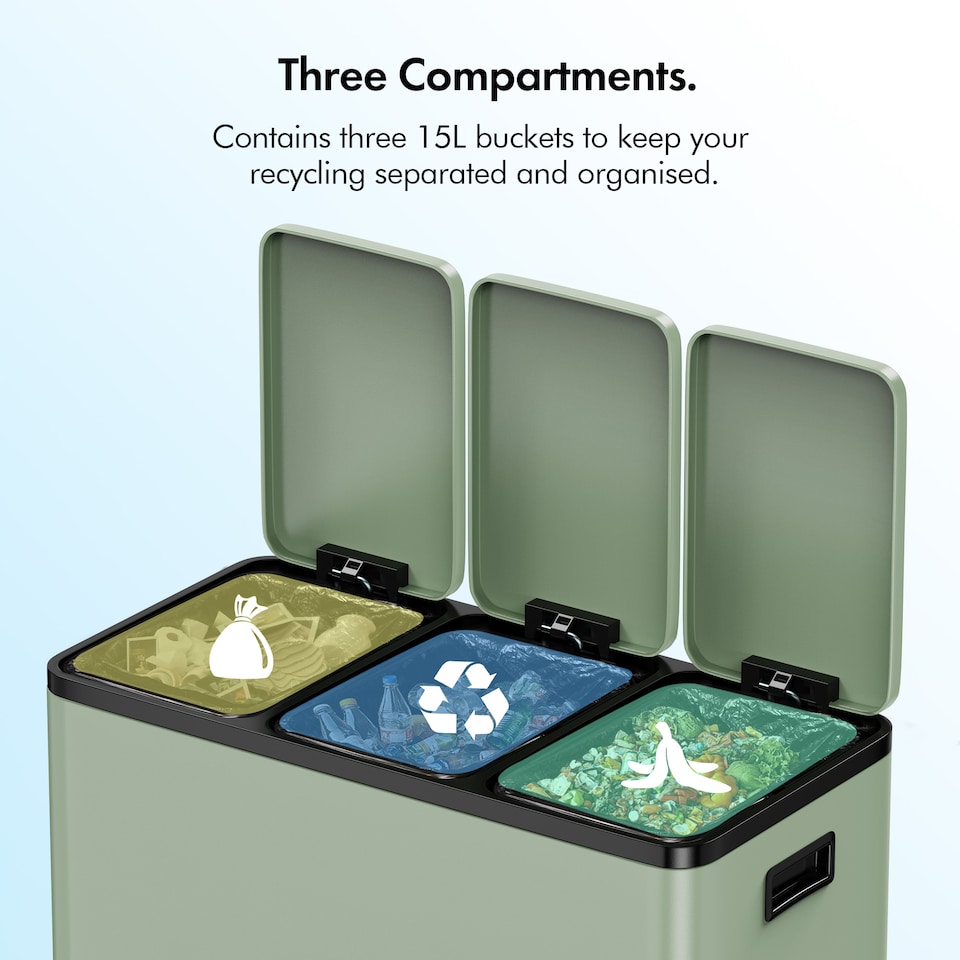 image 1 of 3 Compartment 45L Waste & Recycling Kitchen Bin (3 x 15L) | Green | Sage Green | 45L