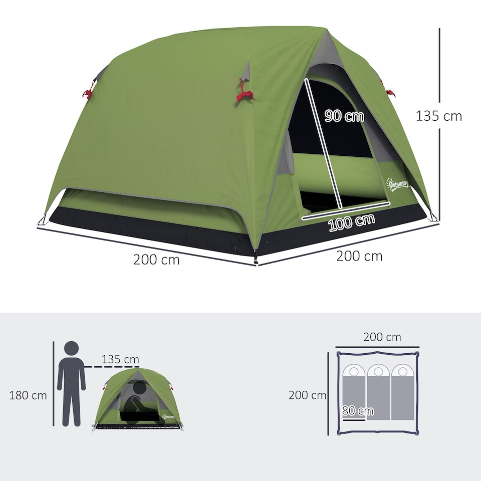 image 1 of Outsunny 3-4 Person Camping Tent, Waterproof Tent Green | Olive Green, Grey