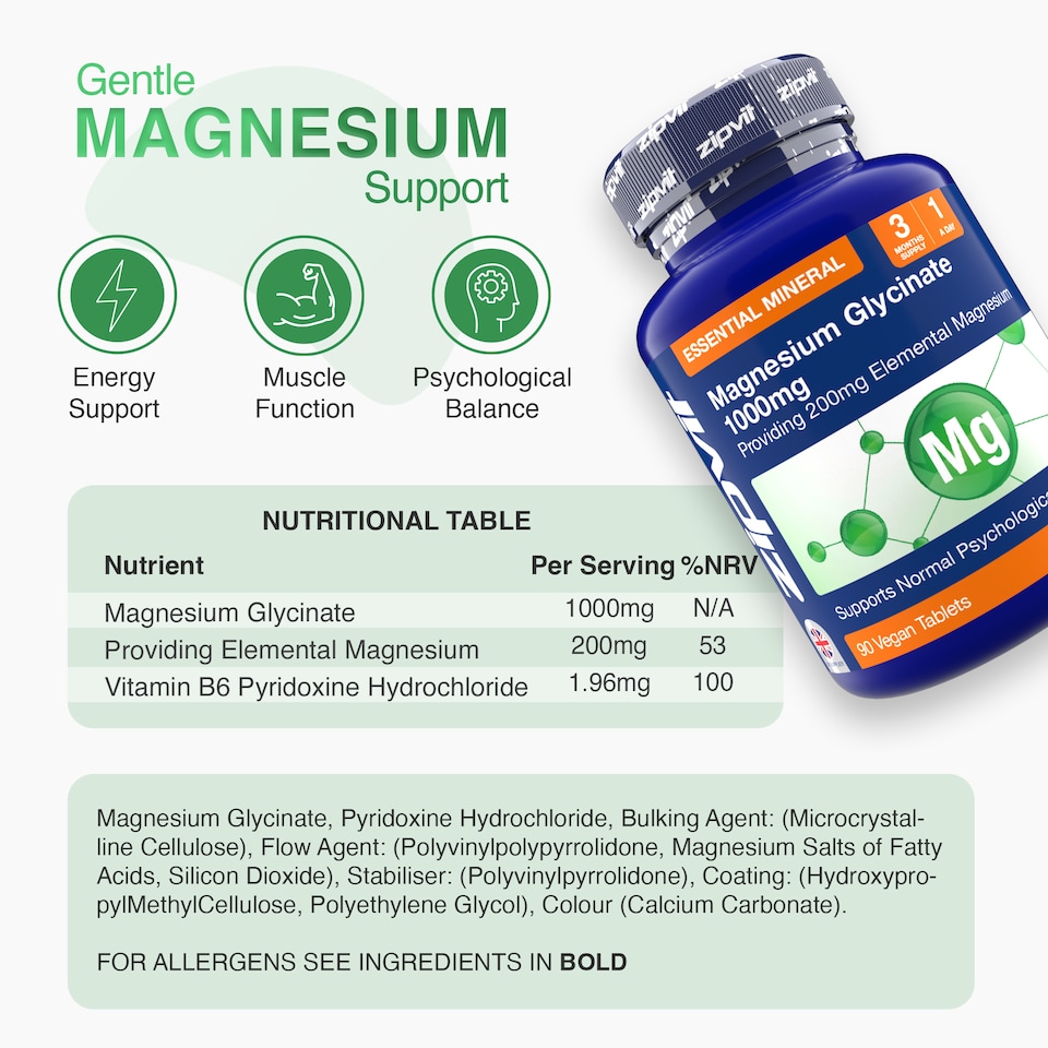 image 1 of Zipvit Magnesium Glycinate 1000mg, Relaxation & Energy Support, 90 Vegan Tablets, 3-Month Supply