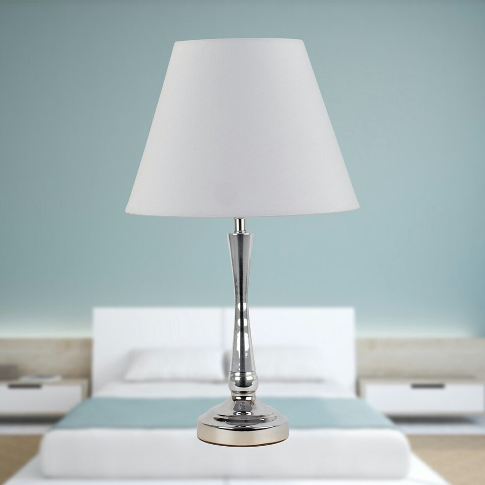 image 1 of Chrome Table Lamp with Stem Detail and Ivory Shade Chrome | Red