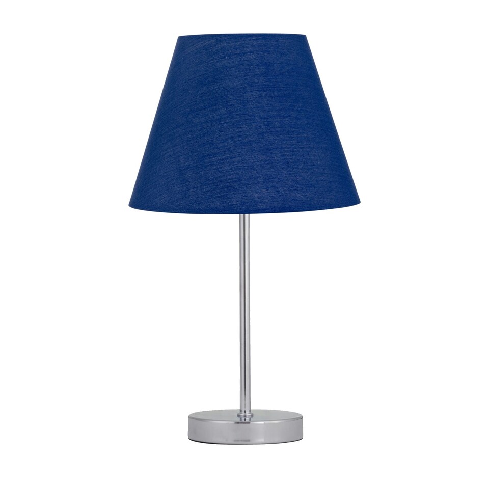 image 1 of Chrome Stick Table Lamp with Navy Blue Fabric Shade Chrome | Blue