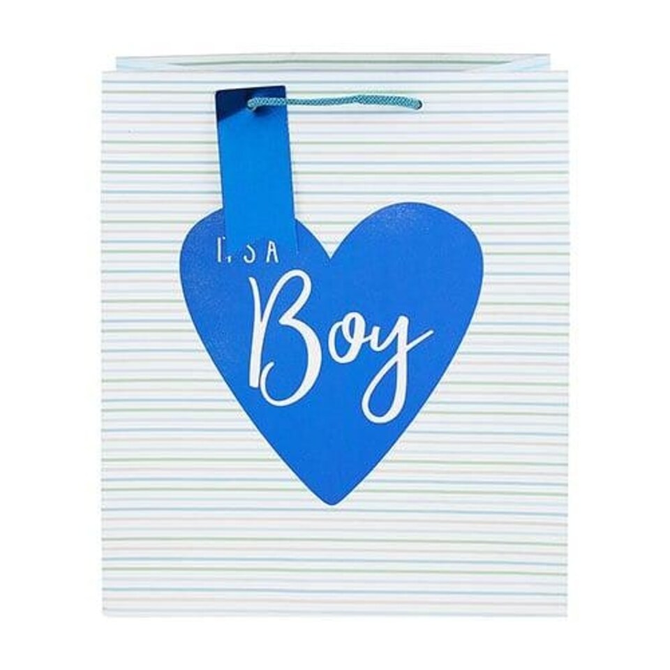 image 1 of It’s A Boy Blue Striped Large White Gift Bag 33cm Blue