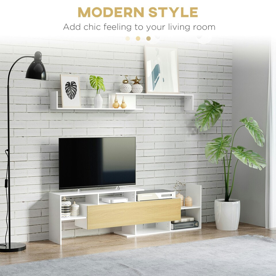 image 1 of HOMCOM TV Cabinet Unit w/ Wall-Mounted Shelf, Open Shelves White and Natural | White
