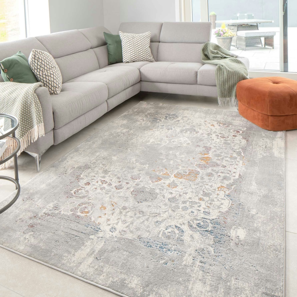 image 1 of KUKOON Silver Multicolour Distressed Floral Medallion Area Rug 80cm x 150cm Grey