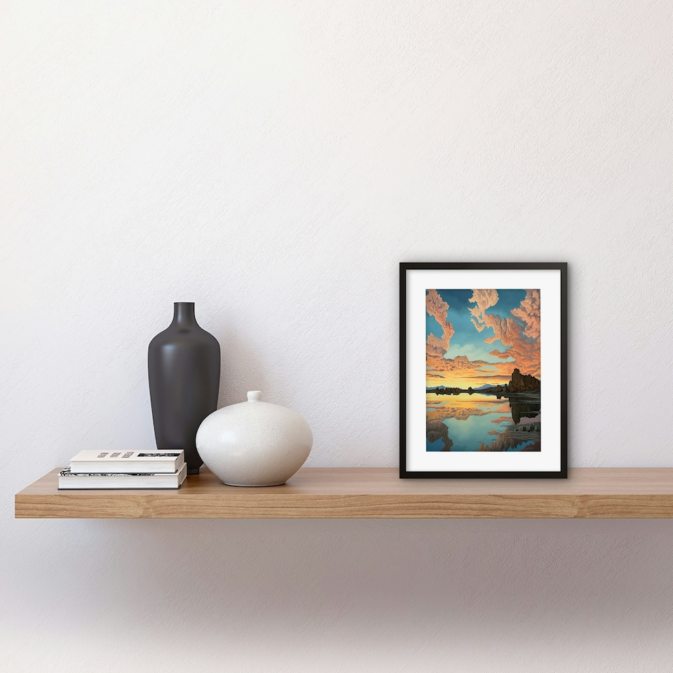 image 1 of Atmospheric Cloud Reflections Early Morning Dawn Mono Lake 9x7" Black Framed Wall Art Print