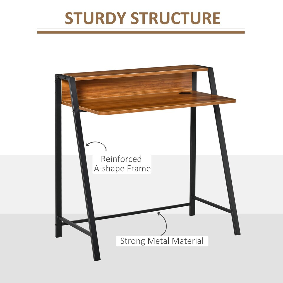 image 1 of HOMCOM 2-Tier Storage Computer Workstation with Shelf, Metal Frame Walnut