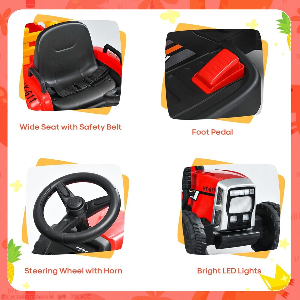 image 1 of COSTWAY 12V Kids Ride On Tractor with Trailer Music Red