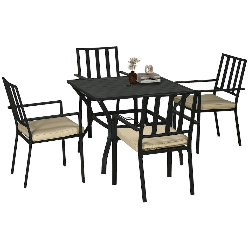 image 1 of Outsunny Garden Dining Set with 4 Stackable Cushioned Chairs and Table