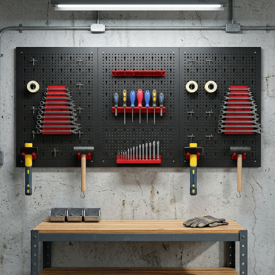 image 1 of HOMCOM 28 Pcs Wall-Mounted Pegboard with Hooks and Storage Shelves