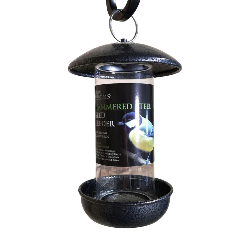 image 1 of Tom Chambers 2 Port Garden Wild Bird Hanging Hammered Steel Black and Silver Seed Feeder