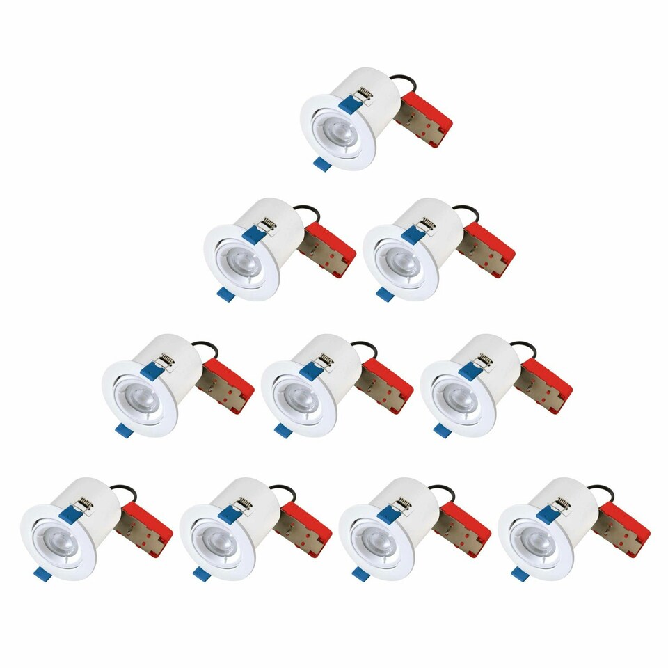 image 1 of First Choice Lighting Set of 10 White Fire Rated Tilt Recessed Ceiling Downlights with Warm White LED Bulbs White