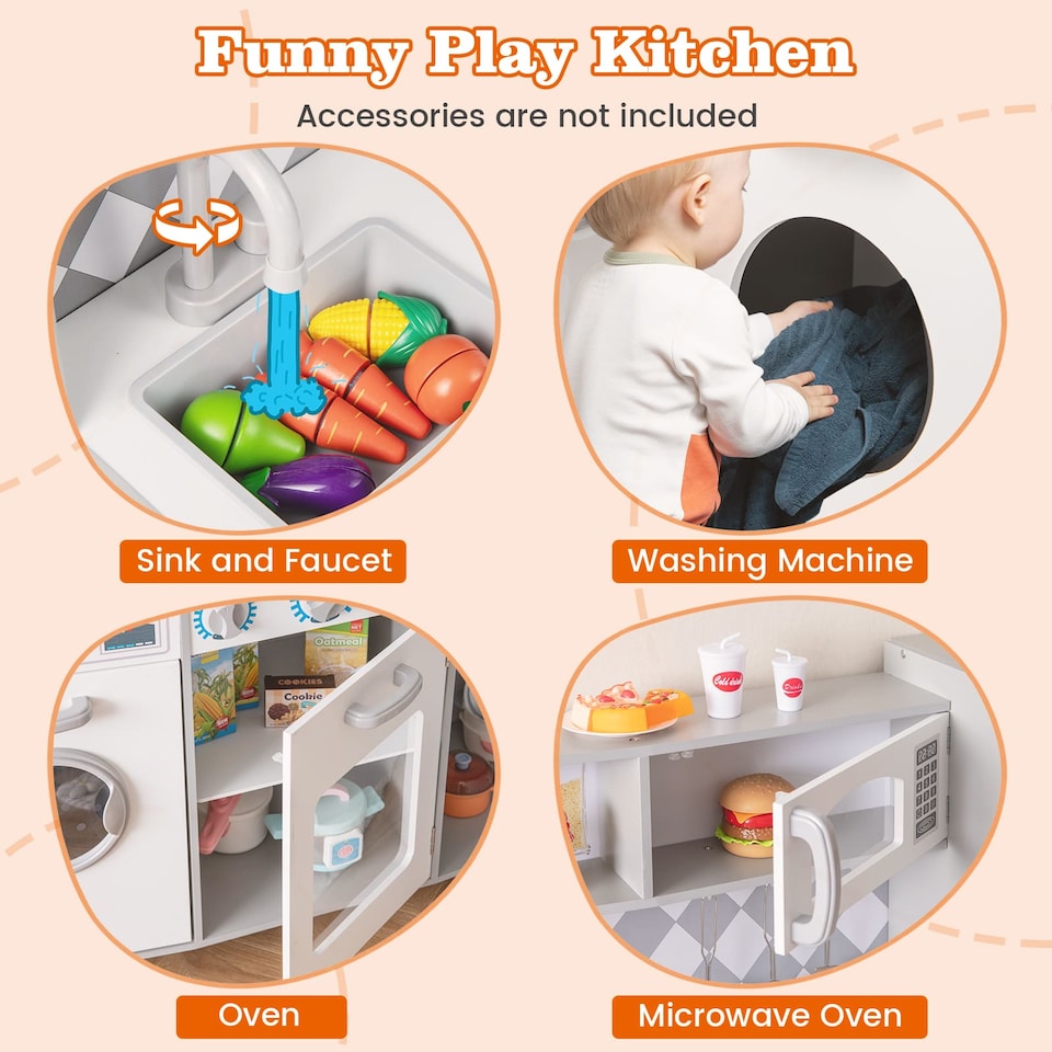 image 1 of COSTWAY Pretend Play Kitchen Kids Wooden Toy Set Kitchen Accessory Playset White