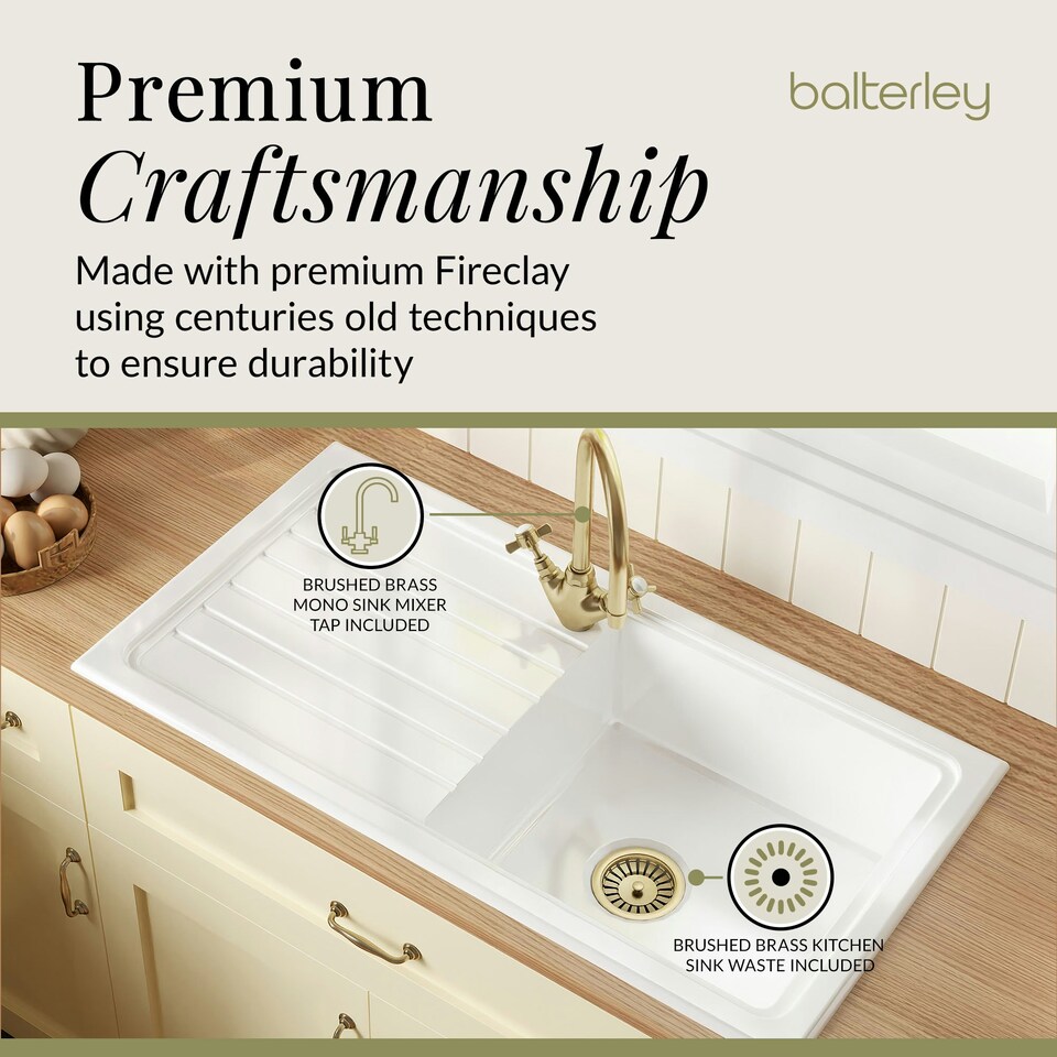 image 1 of Fireclay Kitchen Bundle - Single Bowl Sink & Drainer, Waste & Mono Crosshead Tap, 1010mm - Brushed Brass - Balterley