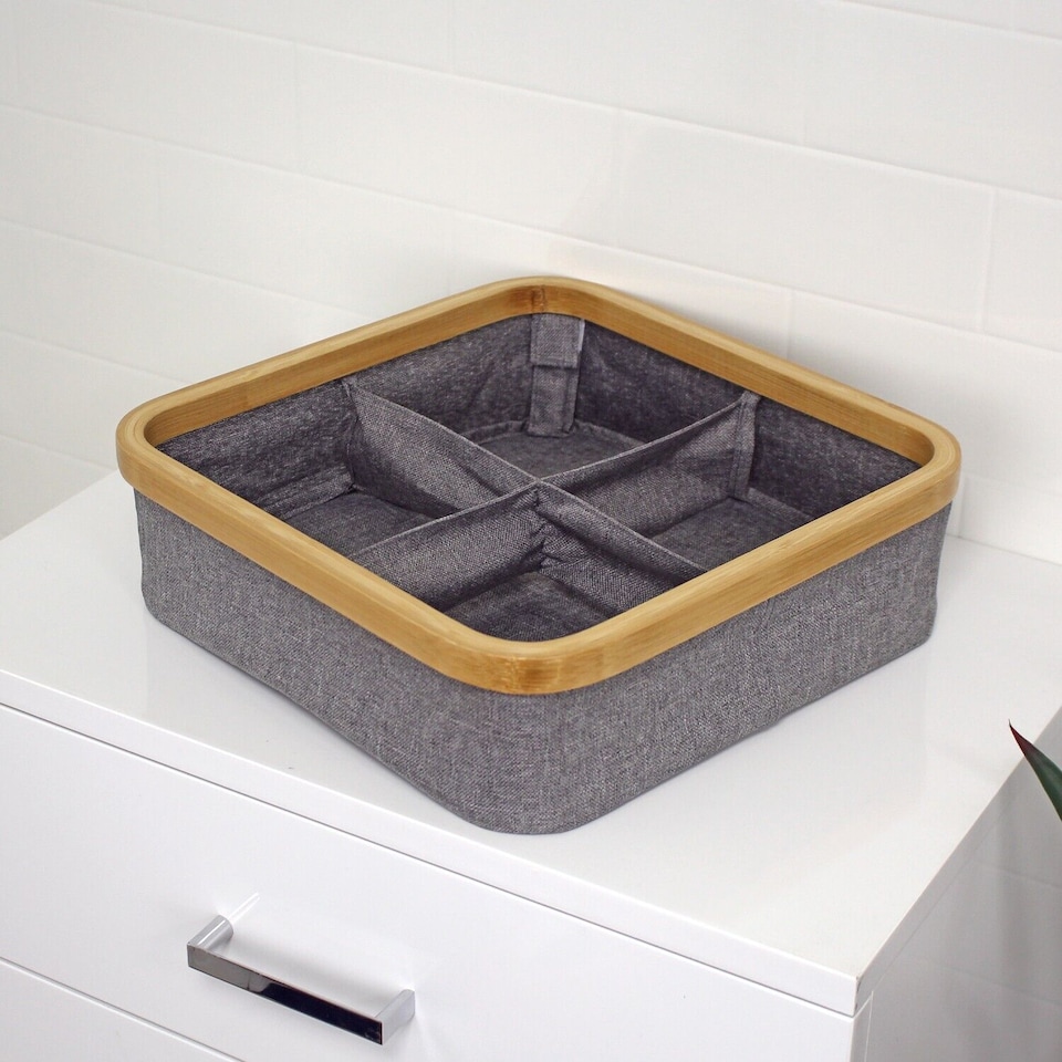 image 1 of Showerdrape Cotswold Bamboo Storage Basket with 4 Compartments | Grey | 1