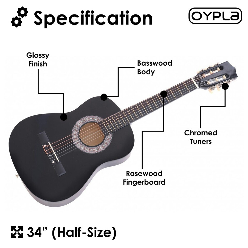 image 1 of Oypla Black 34" Half Size 1/2 6 String Classical Acoustic Guitar Black