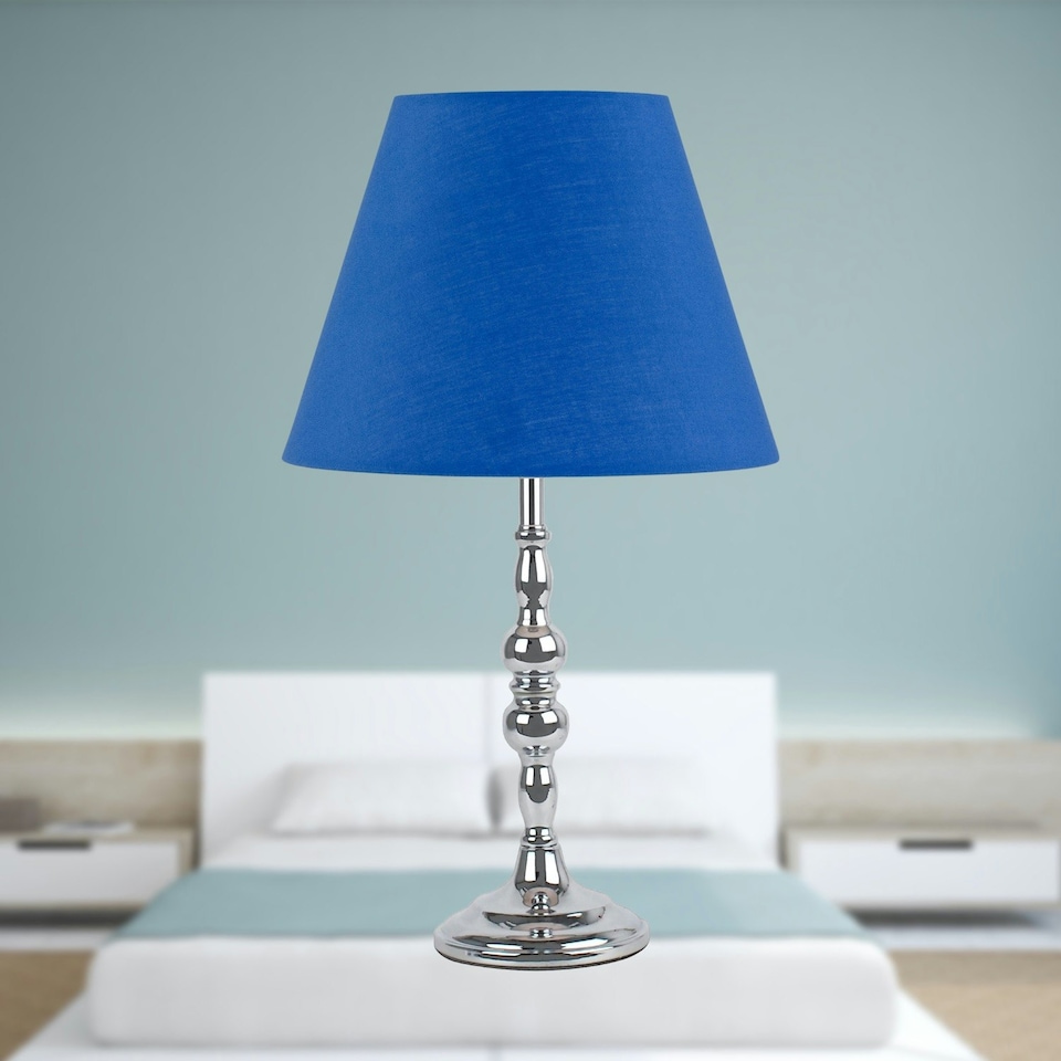 image 1 of Set of 2 Chrome Table Lamps with Decorative Stem and Royal Blue Shades Chrome | Blue