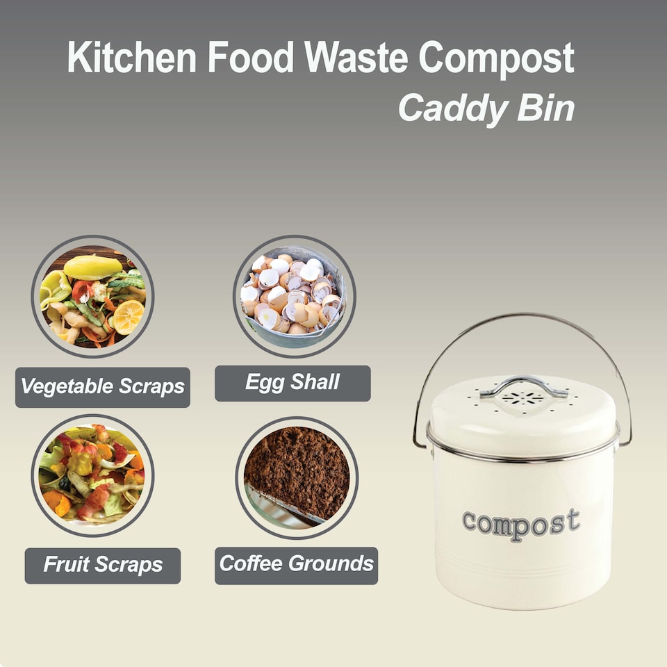 image 1 of Apollo 3L Cream Metal Kitchen Compost Caddy with Lid and Activated Charcoal Filter Countertop Food Waste Bin Odor Control Handle