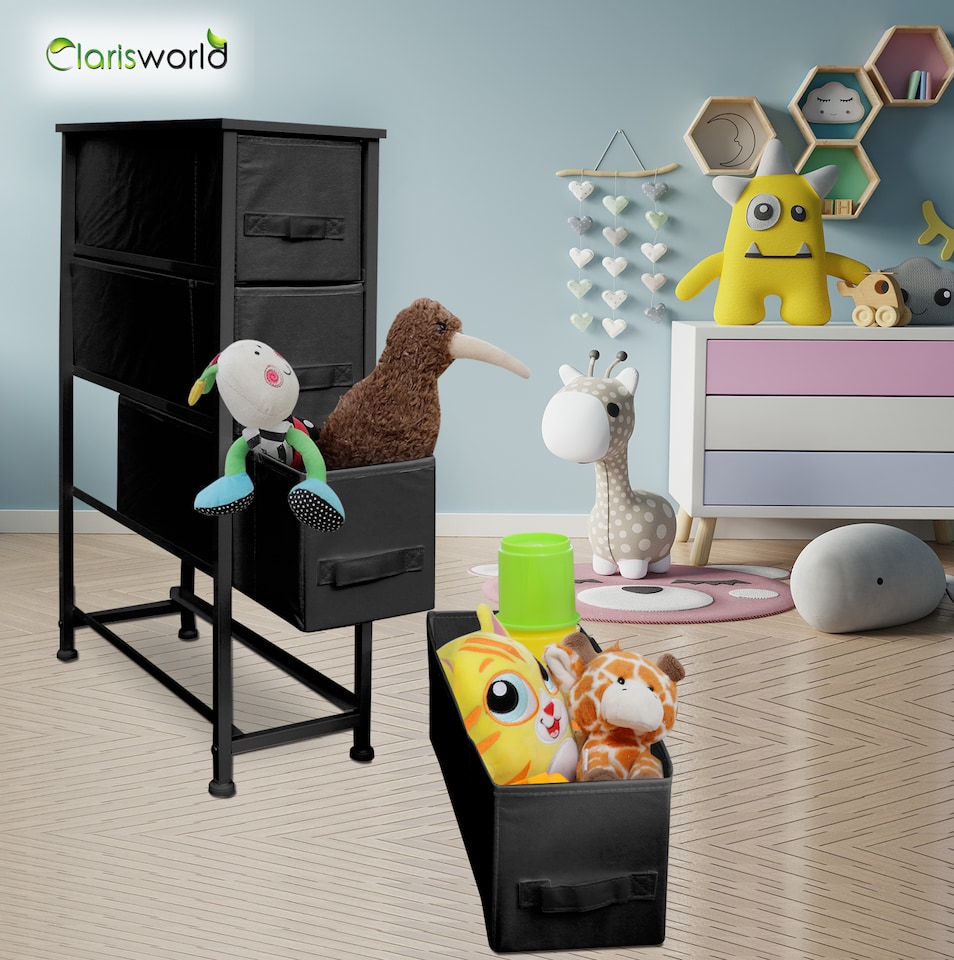 image 1 of Clarisworld 4 Narrow Drawer Storage Tower Dresser with Wood Top, Steel Frame & Laminated Fabric Drawers, Slim Storage Organiser Unit for Bedroom, Hallway, Entryway, Closet & Office