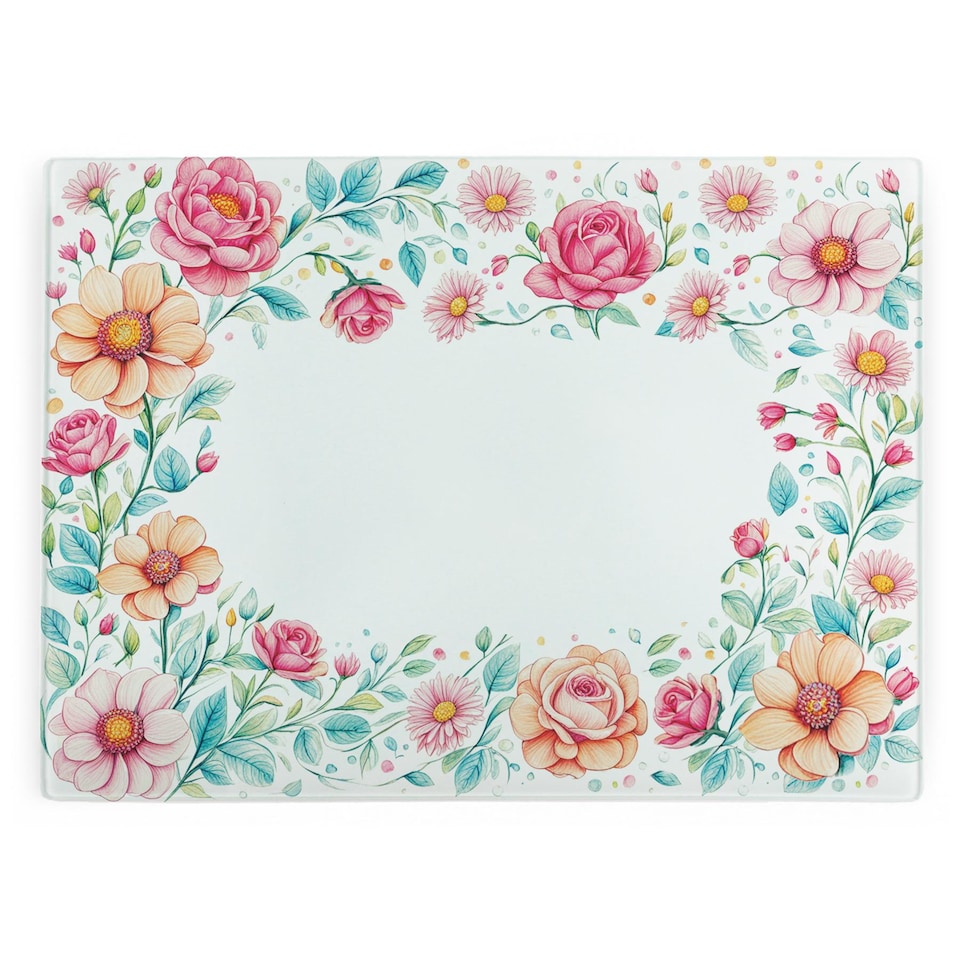 image 1 of Pink Flower Border Large Smooth Glass Worktop Saver - Floral Kitchen Chopping Board