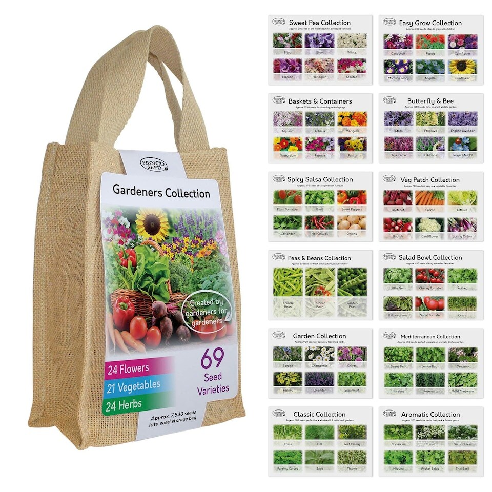 image 1 of Pronto Seed Gardeners Collection - 69 Flower, Herb & Vegetable Seeds in Jute Gift Bag - 7,540 Seeds - Gift for Gardeners