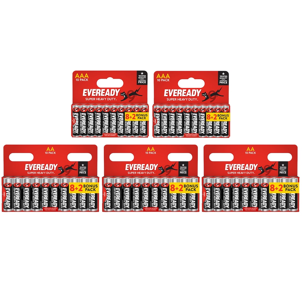 30x AA & 20x AAA Eveready Super Heavy Duty Zinc Batteries (50x Batteries)