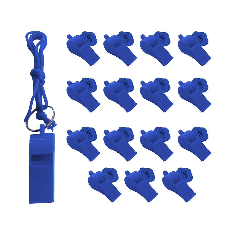 Bag of 10 Blue Plastic Whistles with Lanyard Neck Cord