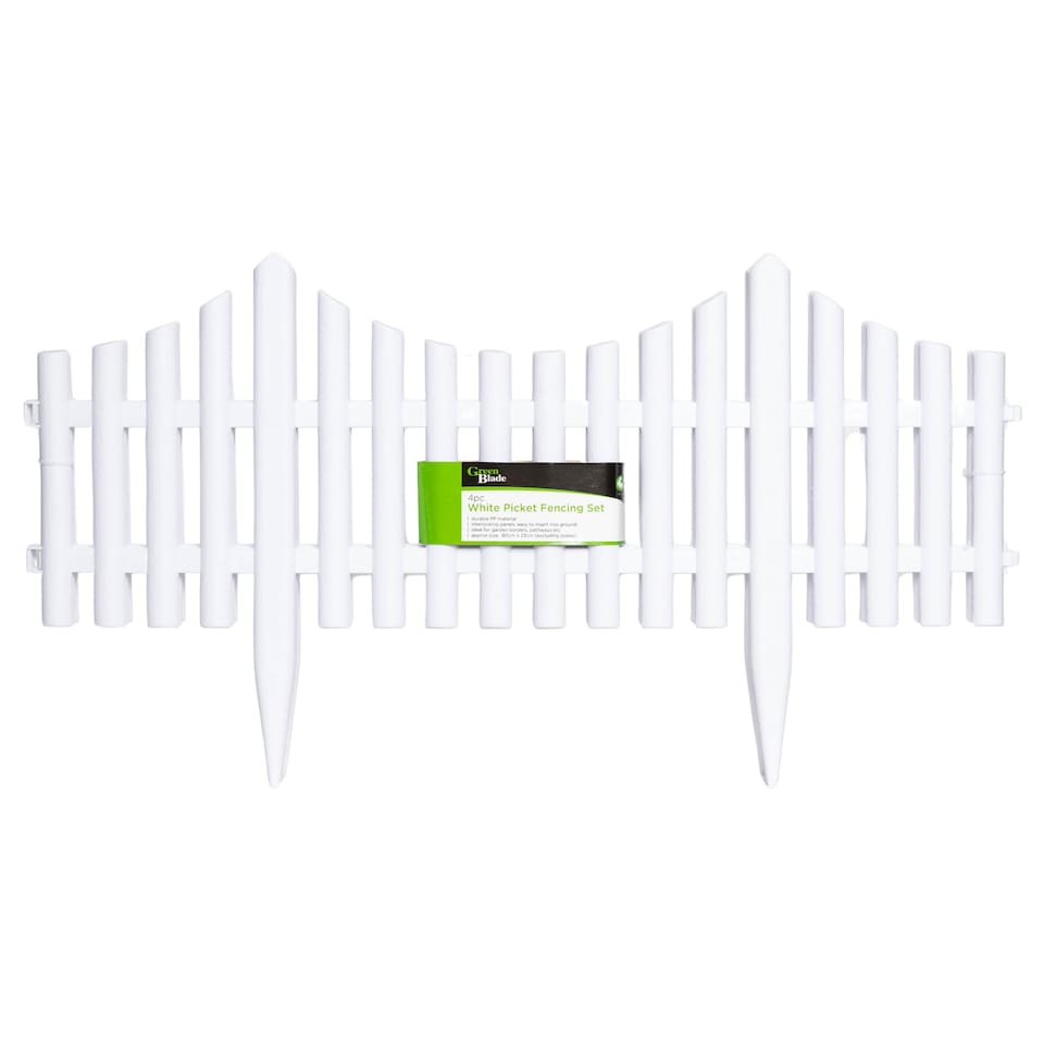 image 1 of 33cm 4 Piece Set White Wood Effect Picket Fence Garden Edging | White | White | 4
