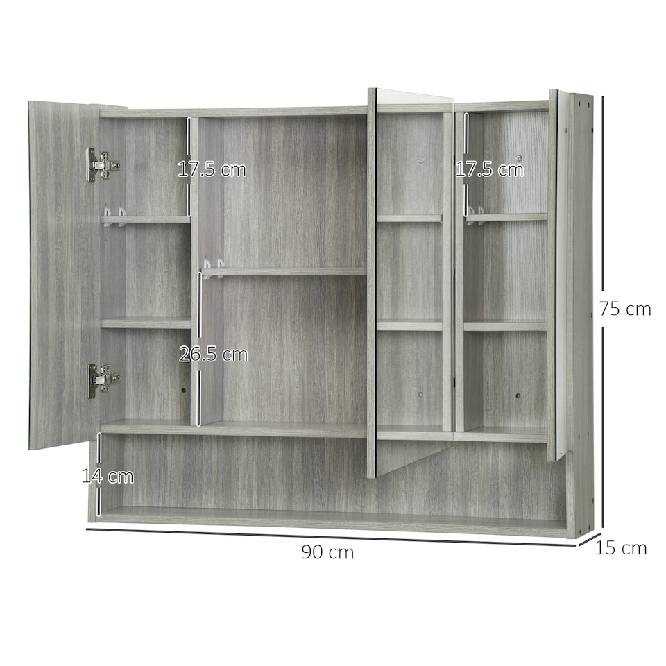 image 1 of kleankin Bathroom Mirror Cabinet, Wall Mounted Storage Cabinet with Adjustable Shelves, 3 Doors and Cupboards, Grey