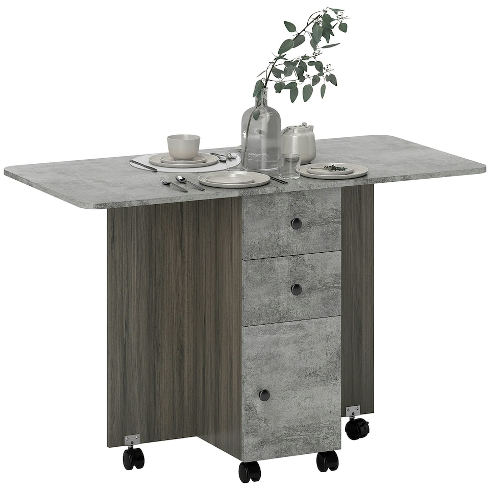 image 1 of HOMCOM Folding Dining Table, Drop Leaf Table With Storage Drawers Grey Marble