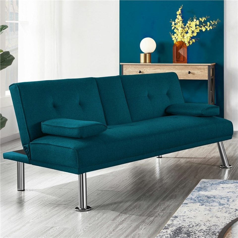 image 1 of Yaheetech Fabric Upholstered Convertible Futon Sofa Bed for Small Spaces