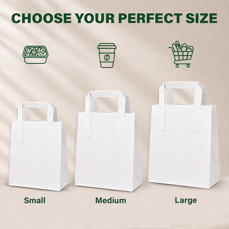 image 1 of ECONX White Kraft Paper Bags With Handles Medium Size SOS Takeaway Grocery Party Carrier Bags x 50pc