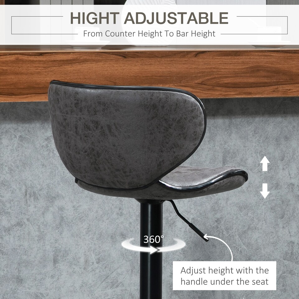 image 1 of HOMCOM Adjustable Bar Stools Set of 2, Swivel Leathaire Upholstered Barstools with Large Seat, Breakfast Bar Chairs with Back, Footrest and Steel Base, Dark Grey