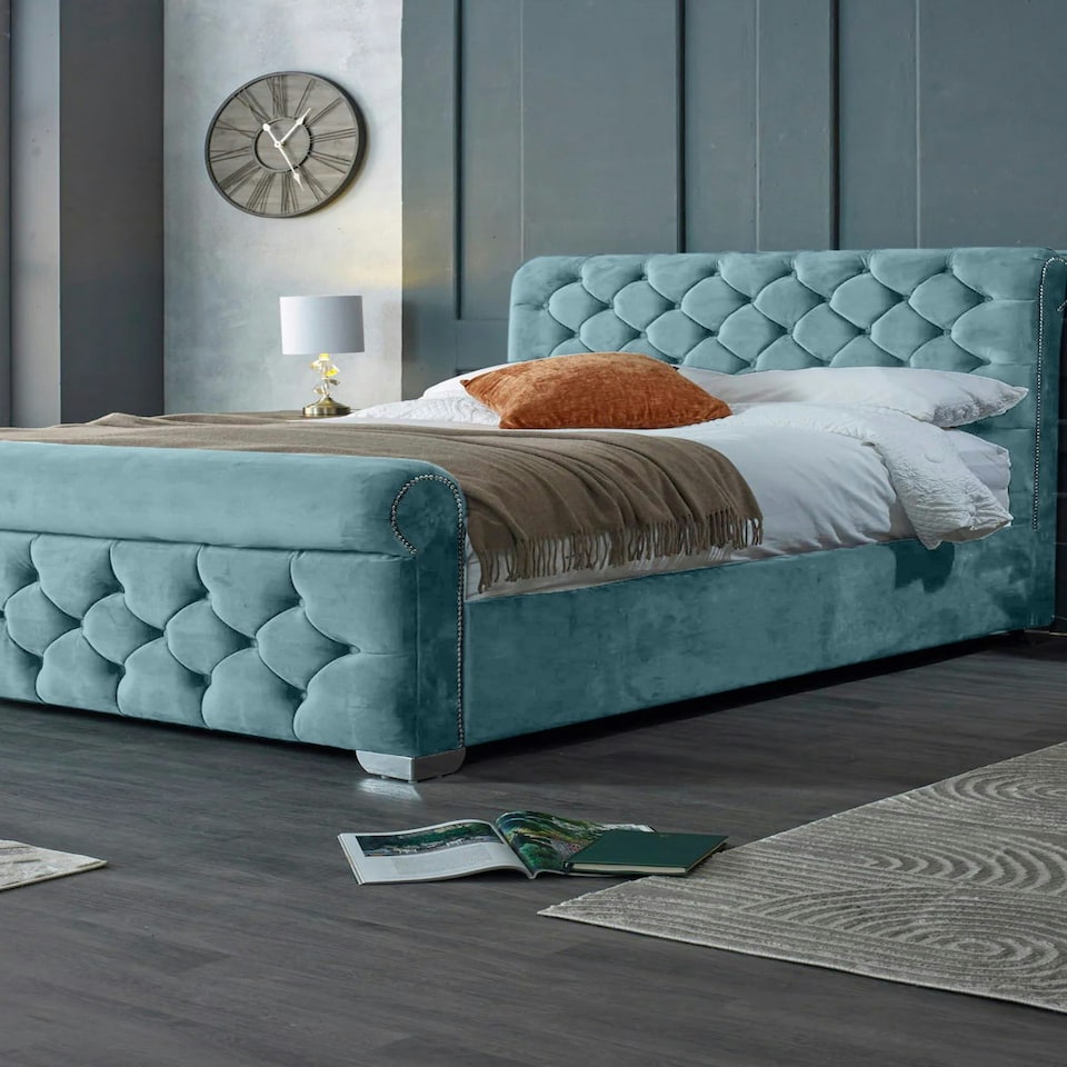 image 1 of Veneta Plush Duck Egg King Bed Frame - Duck Egg