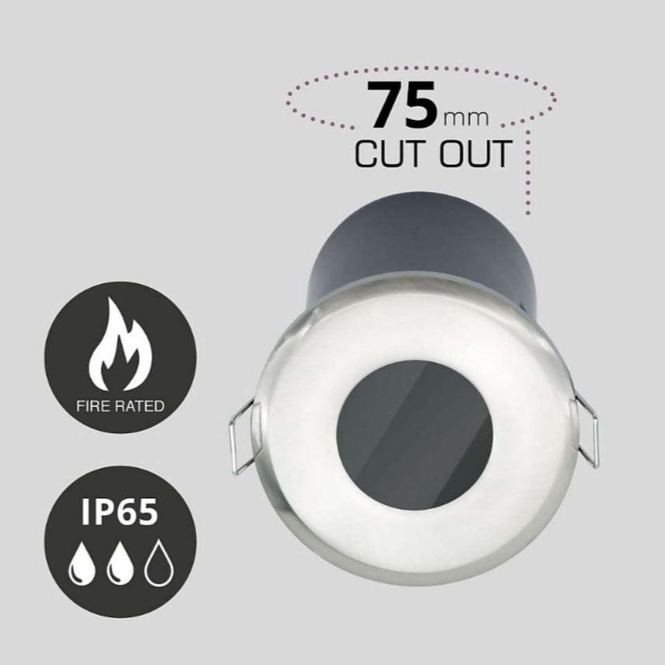 image 1 of Set of 24 Fire Rated Bathroom Recessed Downlights - Brushed Steel IP65 | Chrome | Brushed steel plate and clear glass diffuser | Large | 24