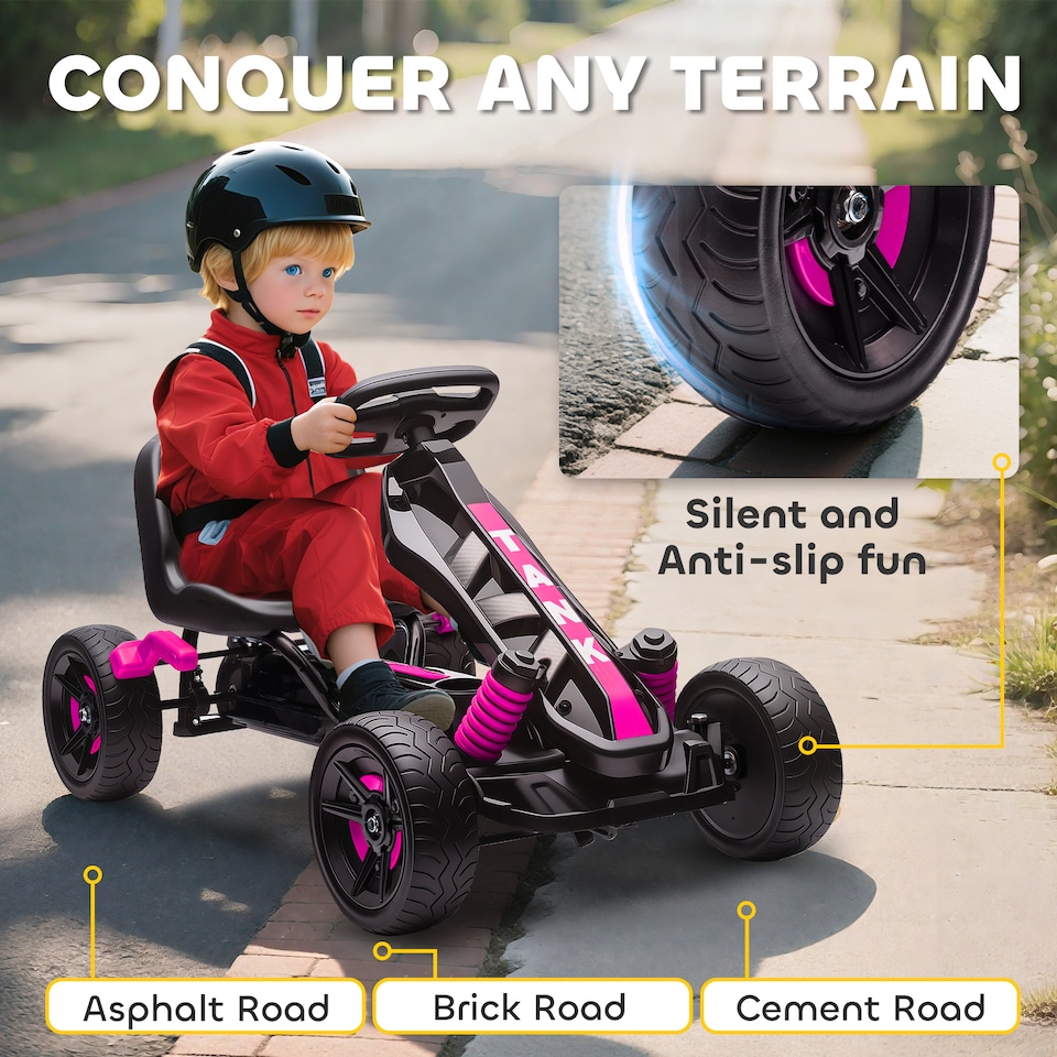 image 1 of AIYAPLAY Pedal Go Kart, Ride on Racer with Freewheel System, Brake, Non-Slip EVA Wheels, Metal Frame, Go Kart for Kids Ages 3-6 Years | Pink
