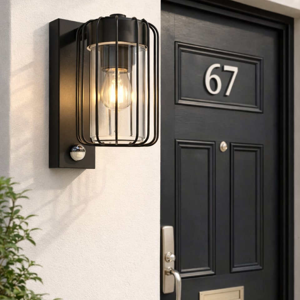 image 1 of CGC Alvin PIR Motion Sensor Black Outdoor Stainless Steel Cage Wall Lantern Light IP54