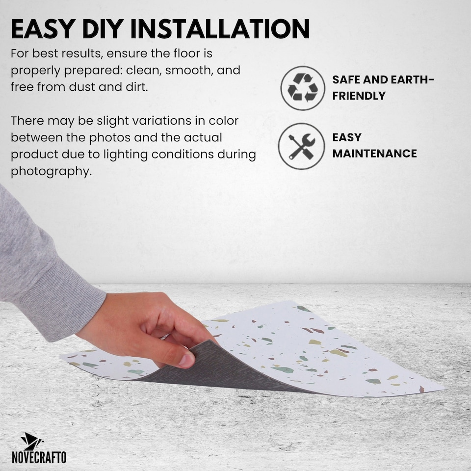 image 1 of NOVECRAFTO Vinyl Floor Tiles Self Adhesive – 12x12in Peel and Stick Flooring for Kitchen, Bathroom & Living Room – White Terrazzo Look with Flecks White | 4.65 sqm