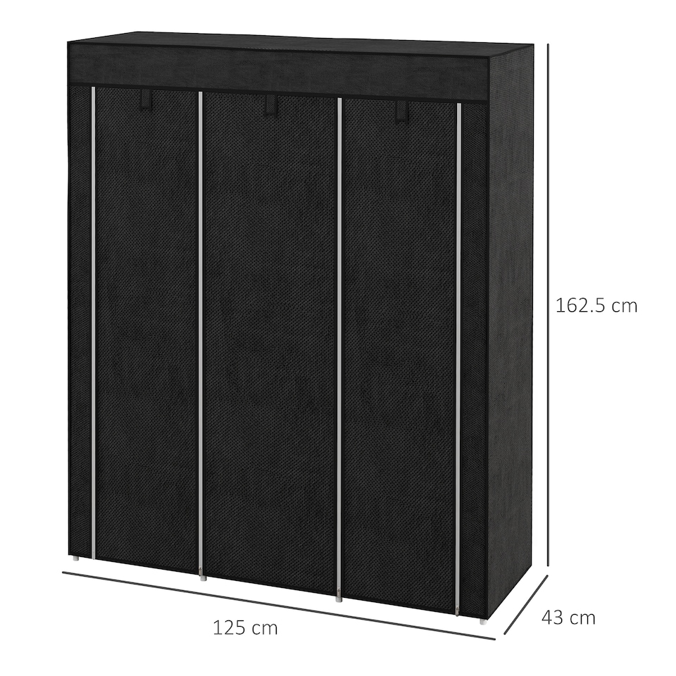 image 1 of HOMCOM Fabric Wardrobe, Portable Wardrobe, Clothes Storage Unit with 8 Shelves, 2 Hanging Rods, 125 x 43 x 162.5 cm, Black | Black | Black