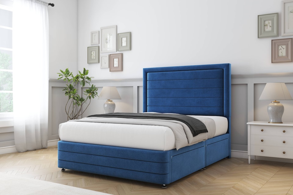 image 1 of Sloomy Ashford Navy Plush Divan Bed With Mattress 2 Drawers Left Side With 54" Floor Standing Headboard & 12" Matching Footboard 4'6 Double | Blue | Navy | Double | 1