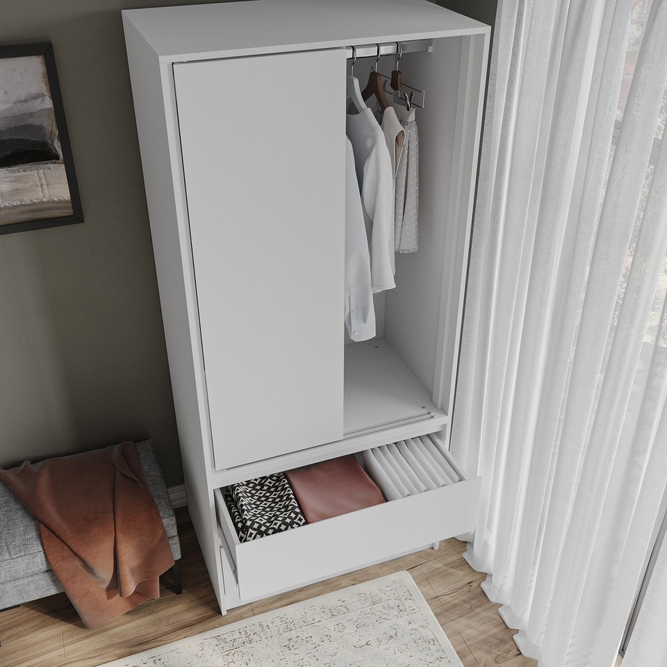 image 1 of URBNLIVING 2 Sliding Door Wardrobe With 2 Drawers And Hanging Rail | White | White Doors | 1