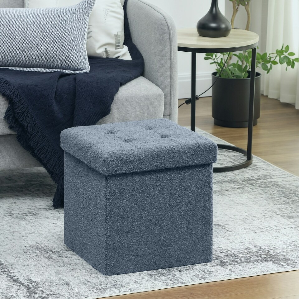 image 1 of HOMCOM Foldable Sherpa Fleece Storage Ottoman, 38 x 38 x 38 cm Blue