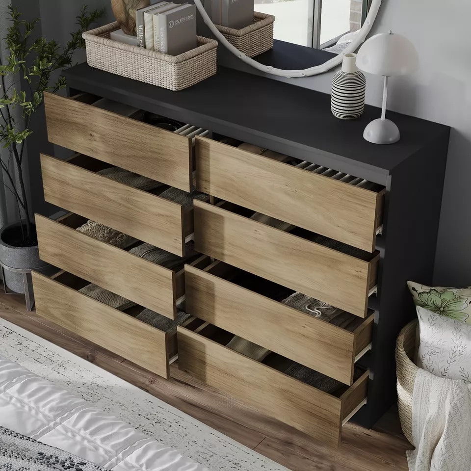 image 1 of Minimalist Chest of 8 Drawers - 88.3x120x35cm | Black | Black & Oak | 1