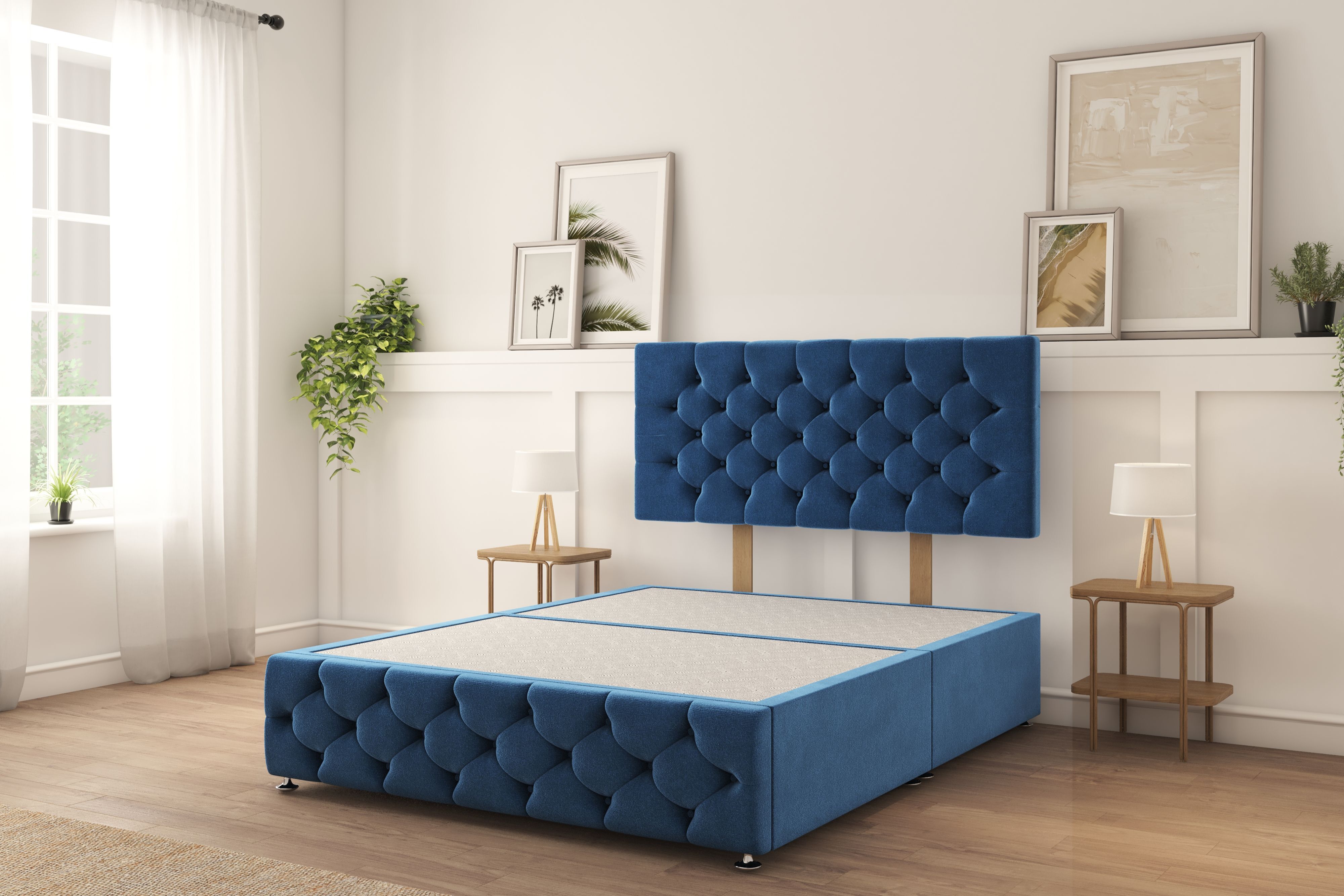 Sloomy Watson Navy Plush Divan Bed Base No Drawers With 26" Strutted Headboard & 12" Footboard 4'6 Double