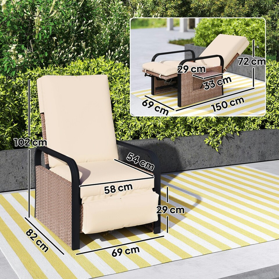image 1 of Outsunny Rattan Garden Recliner Chair Sun Lounger w/ Side Tray Brown