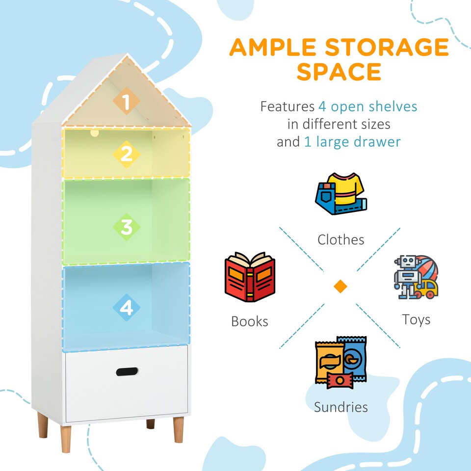image 1 of HOMCOM Kids Children Wooden Bookcase w/Drawer Bedroom Furniture Bookshelf Storage Rack Display Unit Toys Games Organisation Cabinet Pink Blue Back Panel 50 x 30 x 142 cm