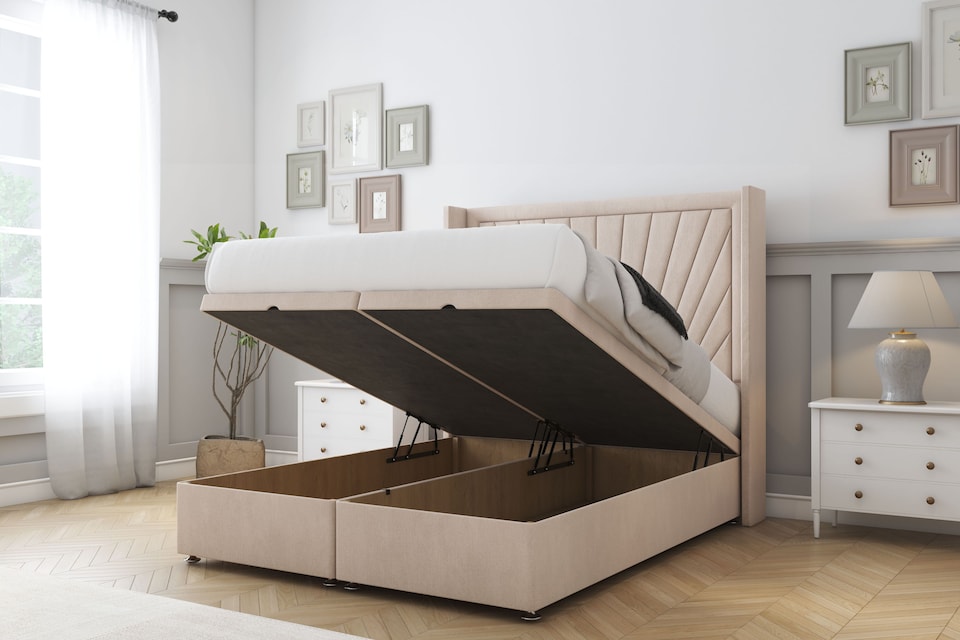 image 1 of Sloomy Rutherford Sand Naples Ottoman Bed With Mattress With 54" Wingback Headboard 4' Small Double