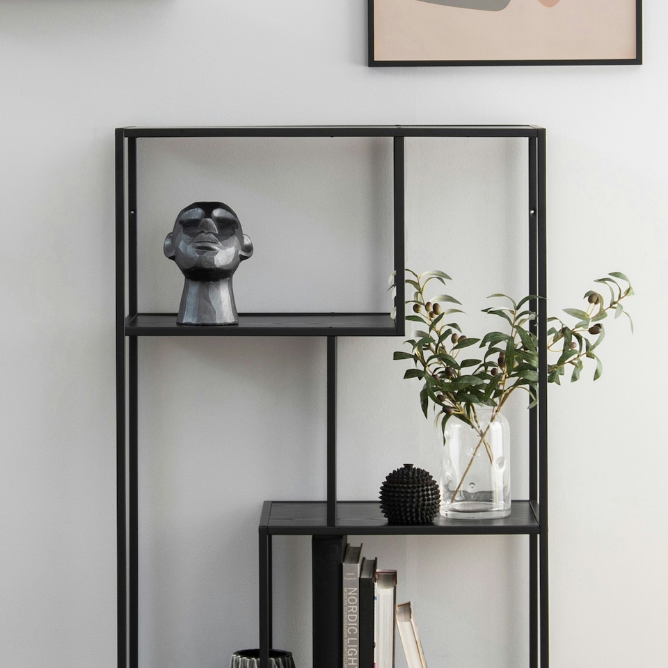 image 1 of Seaford Black Metal Asymmetrical Bookcase with 3 Black Shelves